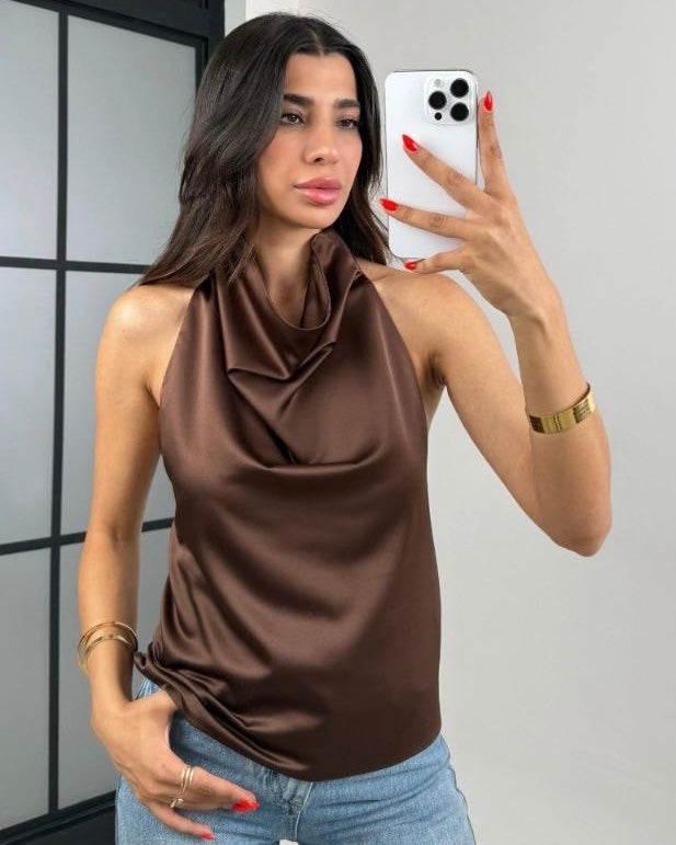 Brown sleeveless satin blouse | بلوزة ستان بني بدون أكمام