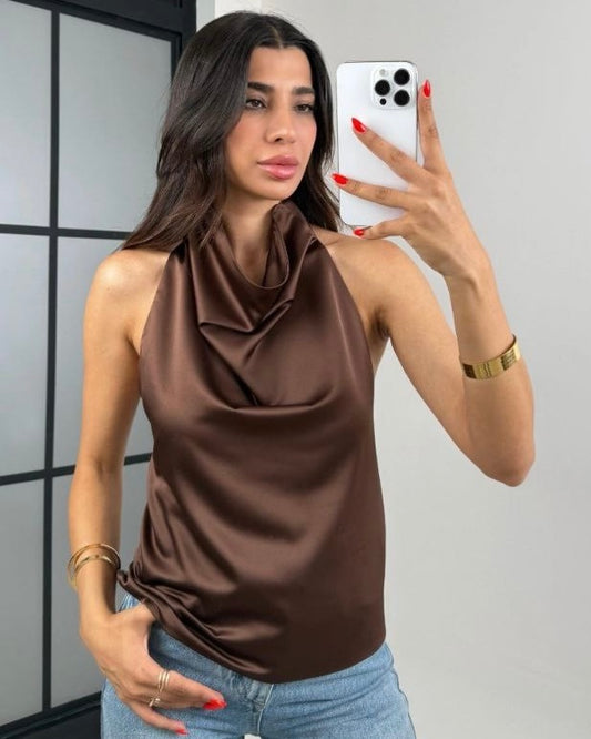 Brown sleeveless satin blouse | بلوزة ستان بني بدون أكمام