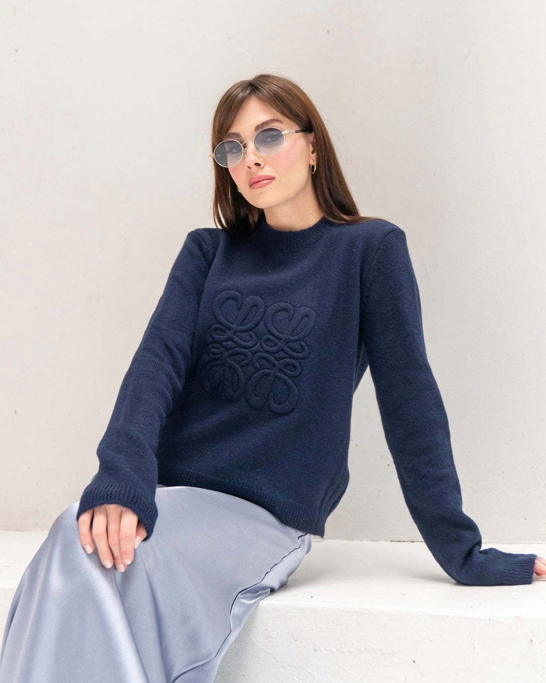 Navy Blue Embossed Patterned Knitwear Sweater