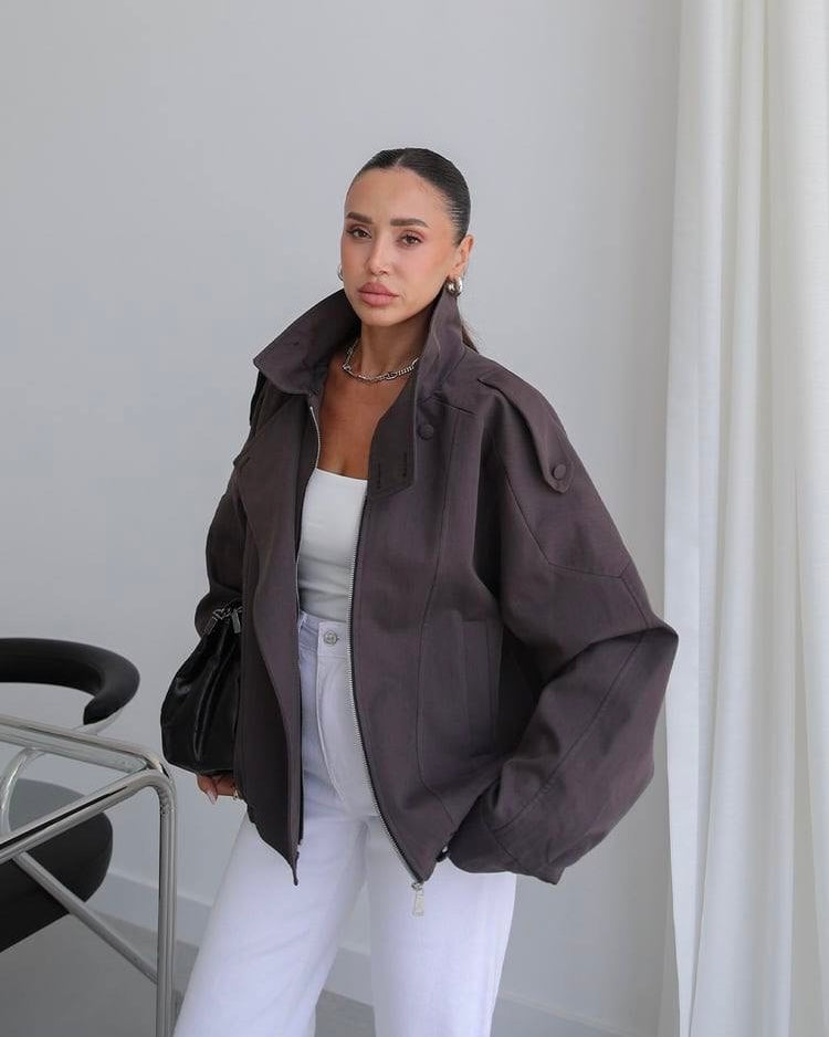 Brown Oversized Jacket with High Collar | جاكيت بني واسع بياقة عالية