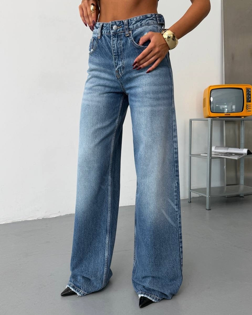 Denim High Waist Wide-Leg Jeans with Vintage Wash Effect | جينز بقصة واسعة وخصر عالي