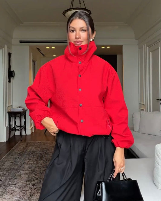 Red Oversized Windbreaker Jacket with High Neck, Elastic Cuffs | جاكيت أحمر واسع بياقة عالية وأكمام مطاطية