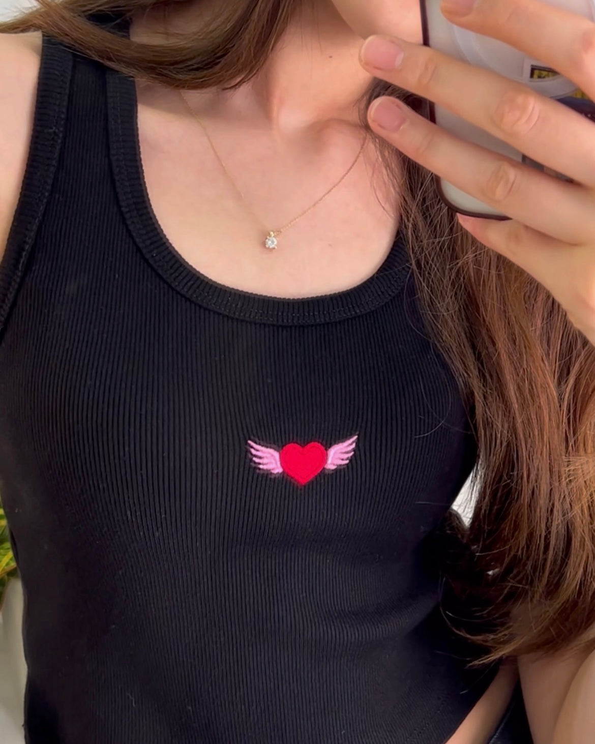 Heart Wings Embroidered Black Tank Top