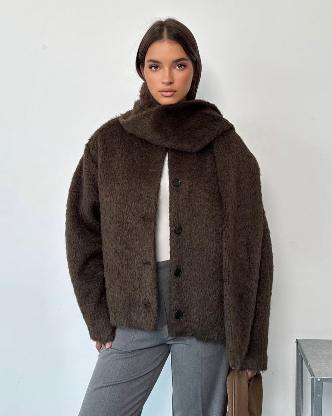 Brown Relaxed Fit Textured Jacket with Matching Scarf | جاكيت بني بقصّة مريحة مع شال مطابق