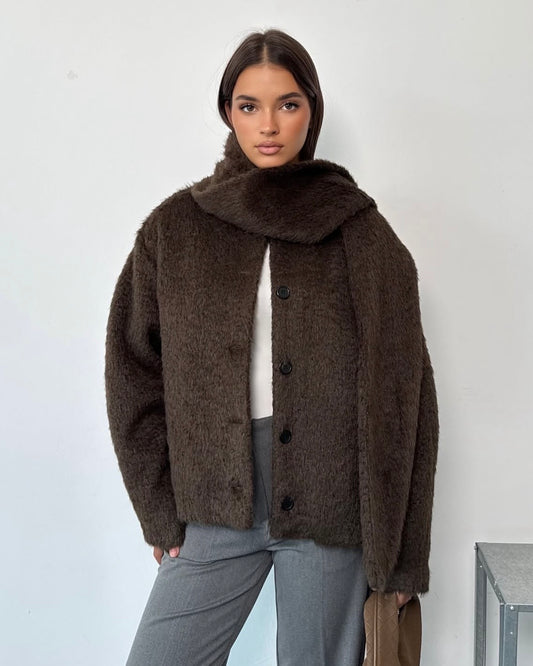 Brown Relaxed Fit Textured Jacket with Matching Scarf | جاكيت بني بقصّة مريحة مع شال مطابق