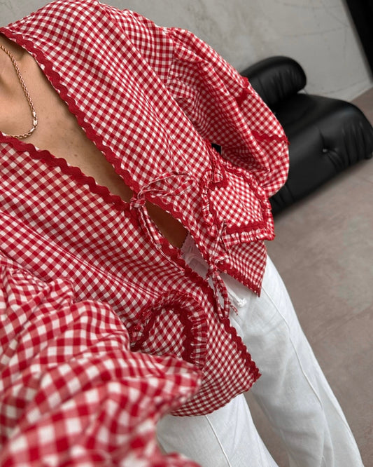 Blouse With a Red Gingham Pattern & Heart Details | بلوزة بنقشة مربعات باللون الأحمر وتفاصيل قلب