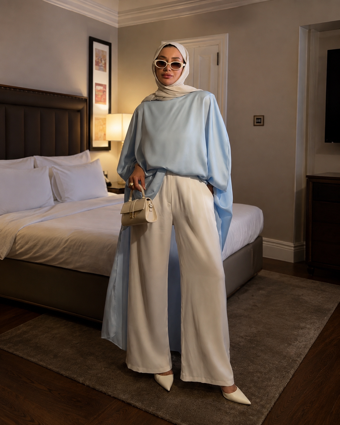 Sky Blue Satin Oversized Longline Blouse with Batwing Sleeves | بلوزة ساتان سماوية بقصة واسعة وطويلة بأكمام بات وينغ