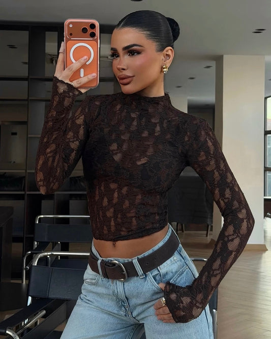 Dark Brown Lace Transparent Top | توب دانتيل شفاف باللون البني