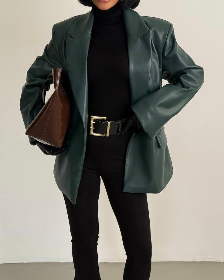 Black Faux Leather Tailored Blazer | بليزر جلد أسود مخصر