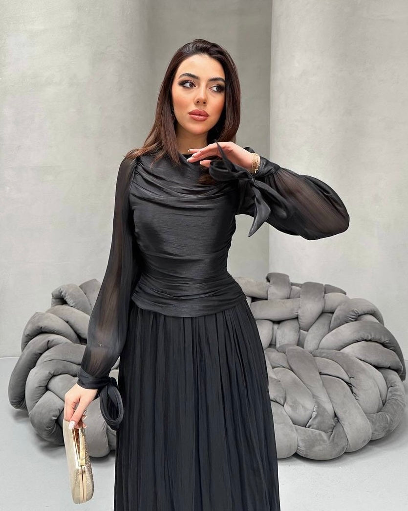 Elegant Black Ruched Chiffon Maxi Dress with Sheer Sleeves | فستان اسود أنيق بكسرات على الخصر