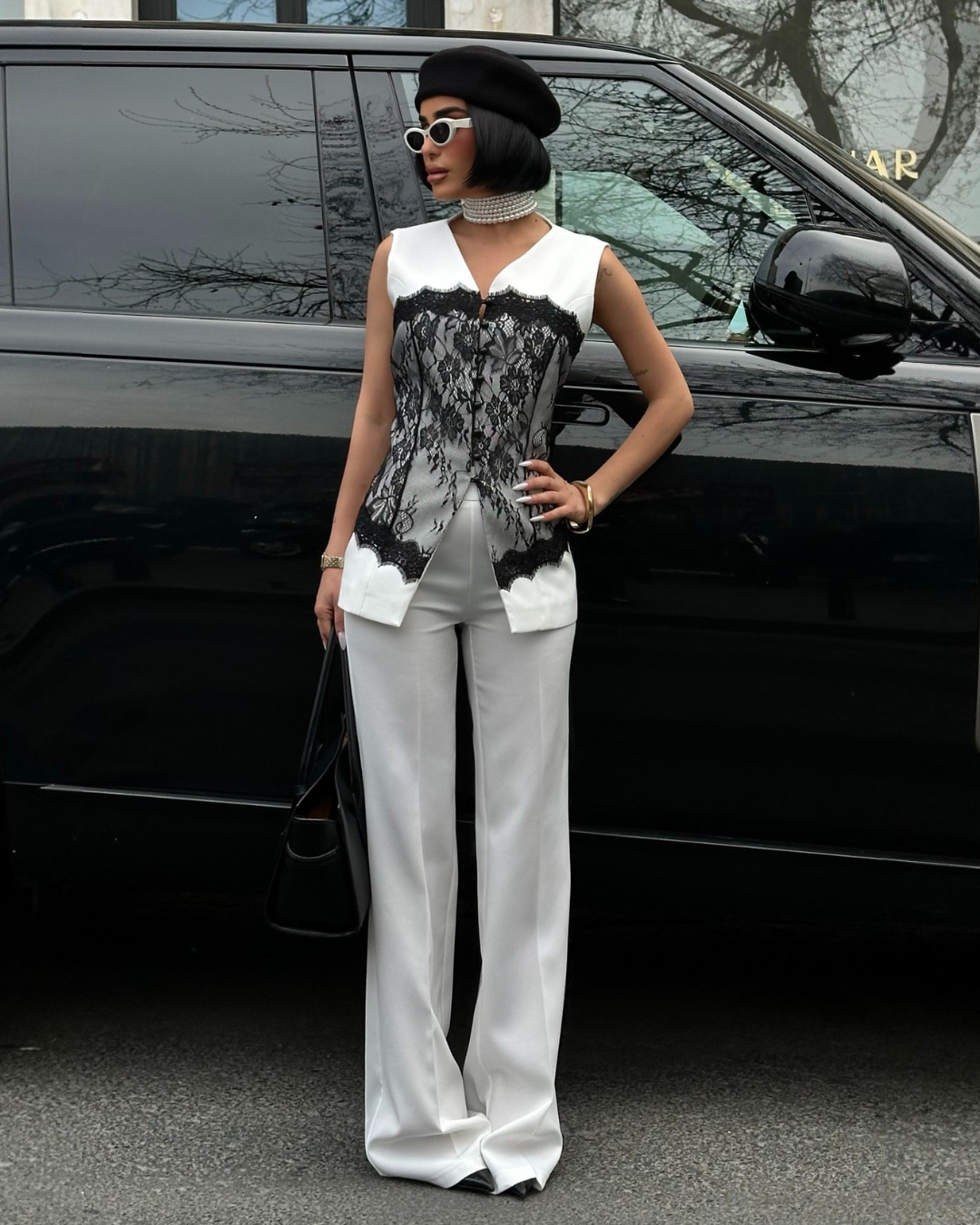 White Lace Vest & Wide-Leg Pants Set | طقم فيست دانتيل وبنطلون واسع باللون الابيض
