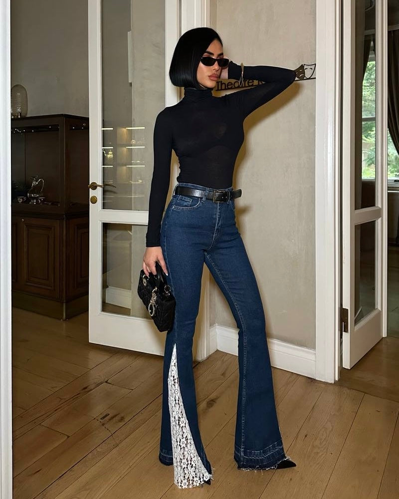 Lace Trim High-Waisted Flare Jeans | جينز خصر عالي بقصة شارليستون مع تفاصيل دانتيل