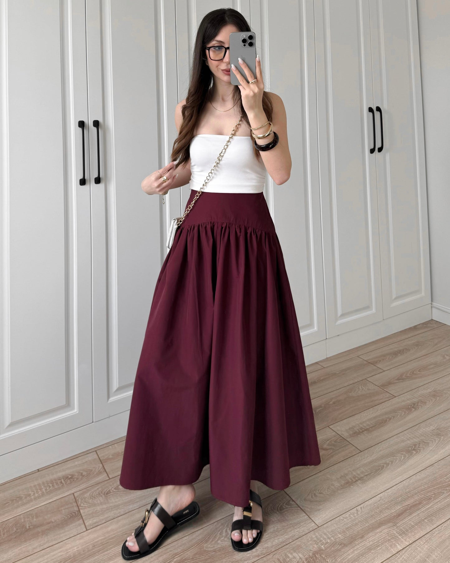 Burgundy High Waist Gathered Maxi Skirt | تنورة طويلة باللون الخمري بخصر عالي وكسرات ناعمة