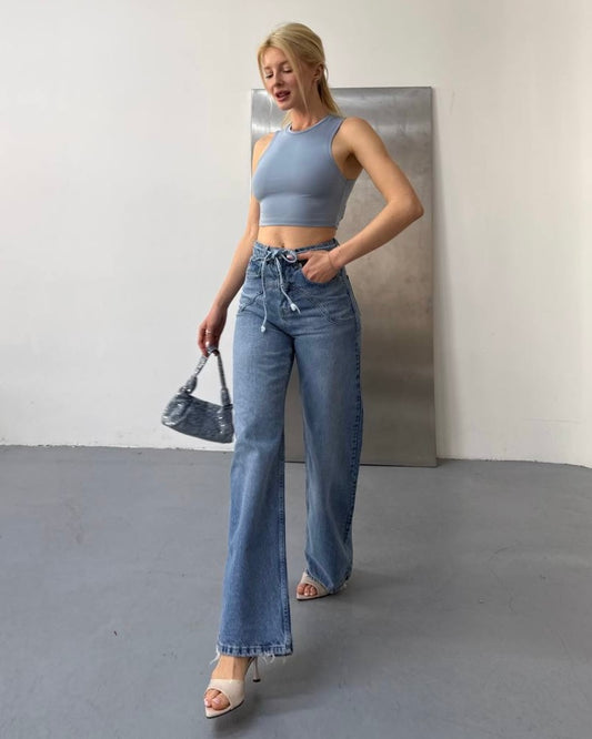 High-Waisted Jeans with Statement Waist Detail | جينز عالي الخصر بتفصيلة خصر مميزة