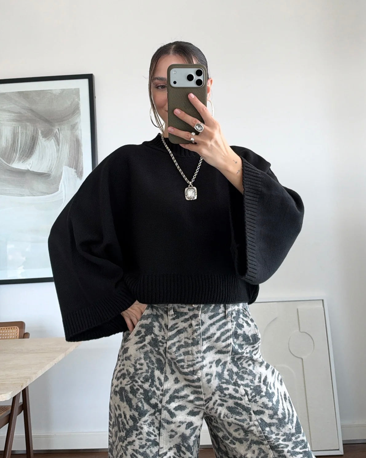 Black Oversized Knit Mock Neck Sweater with Wide Sleeves | بلوزة سودة بقصّة أوفرسايز وأكمام واسعة