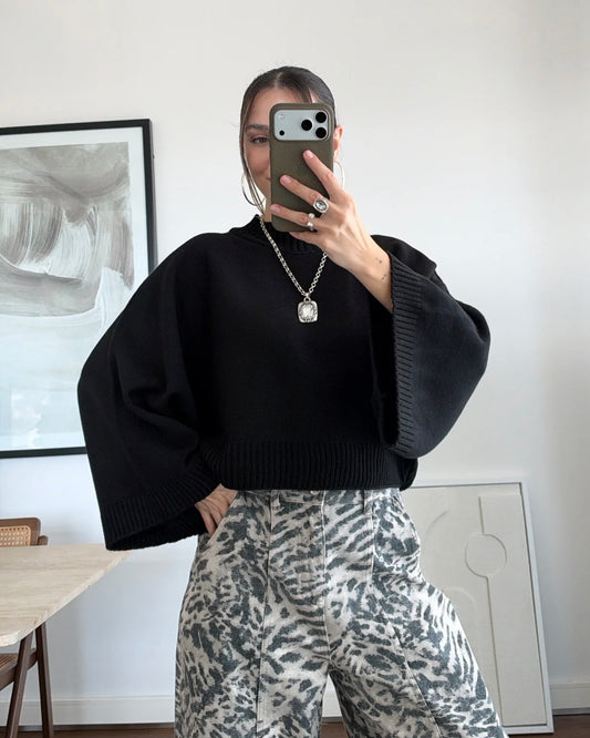 Black Oversized Knit Mock Neck Sweater with Wide Sleeves | بلوزة سودة بقصّة أوفرسايز وأكمام واسعة
