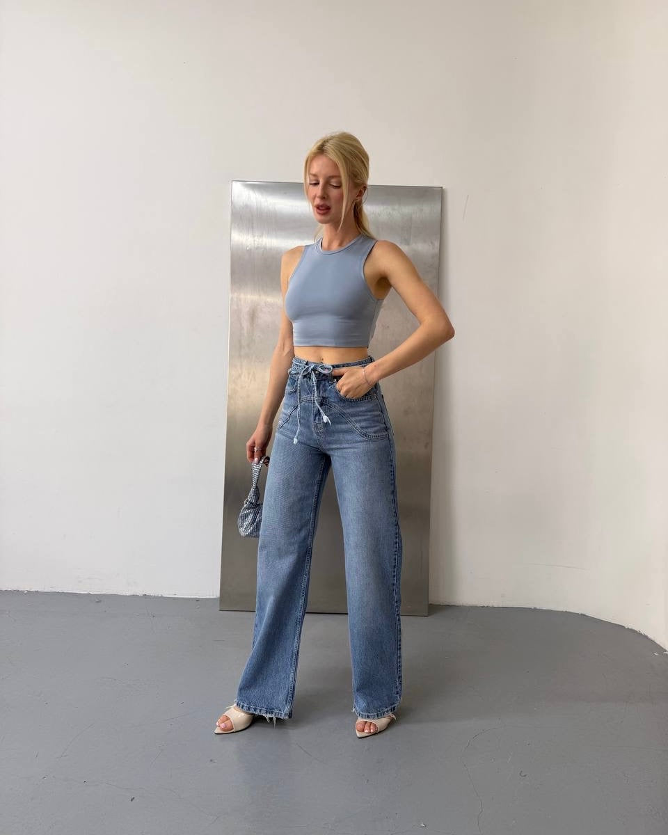 Women’s Light Wash High-Waist Drawstring Wide-Leg Denim Jeans | بنطلون جينز نسائي واسع بخصر عالي وربطة خصر - أزرق