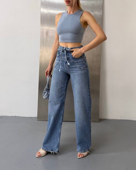 High-Waisted Jeans with Statement Waist Detail | جينز عالي الخصر بتفصيلة خصر مميزة