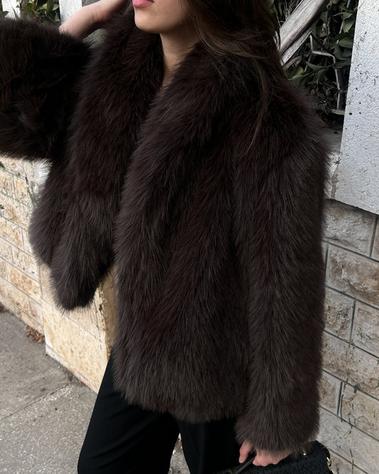 Chocolate Brown Faux Fur Oversized Jacket | جاكيت فرو واسع باللون البني