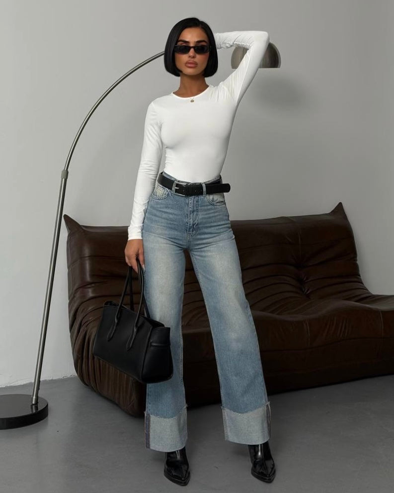 Light Wash Cuffed Denim Jeans | جينز فاتح مطوي من الأسفل