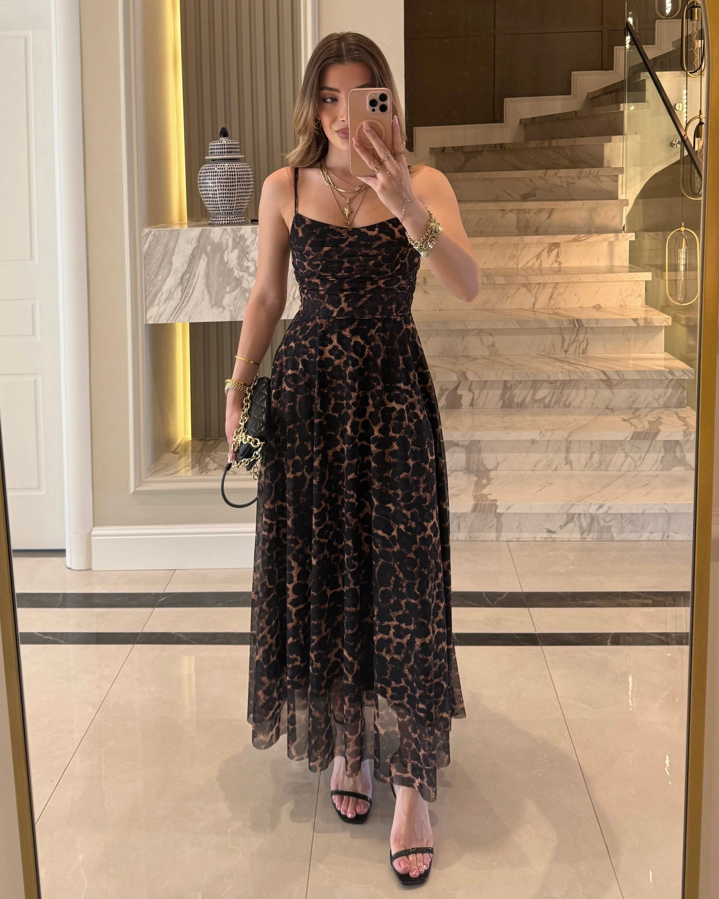 Elegant Leopard Print Mesh Maxi Dress | فستان ماكسي أنيق بنقشة ليوبارد