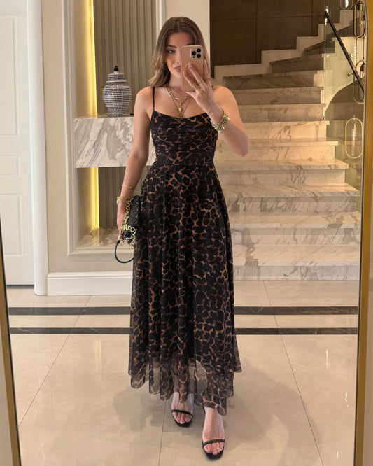 Elegant Leopard Print Mesh Maxi Dress | فستان ماكسي أنيق بنقشة ليوبارد