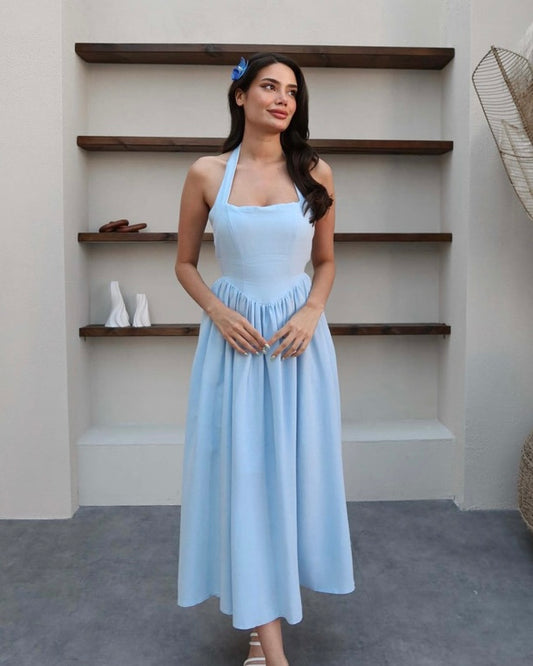 Blue Halter Midi Dress | فستان ميدي أزرق برباط حول الرقبة