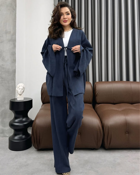 Navy Tie Front Casual Set | ‎طقم كحلي كاجوال برباط أمامي