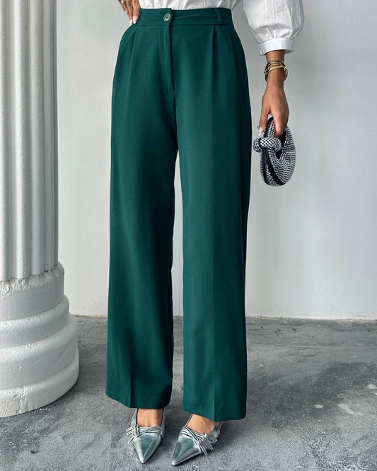 ‏Emerald Green Wide-Leg High-Waist Trousers | بنطلون بخصر عالٍ بلون الاخضر الزمردي