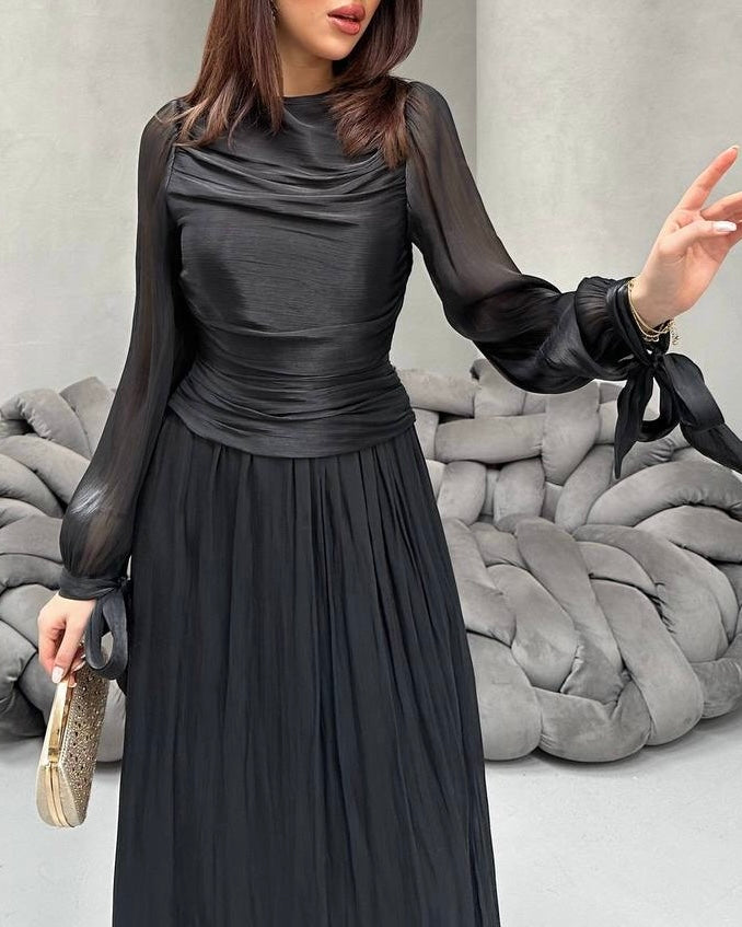 Elegant Black Ruched Chiffon Maxi Dress with Sheer Sleeves | فستان اسود أنيق بكسرات على الخصر