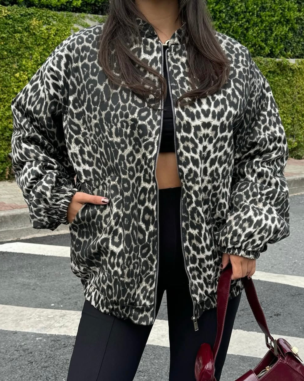 Leopard Print Puffer Jacket with Zipper