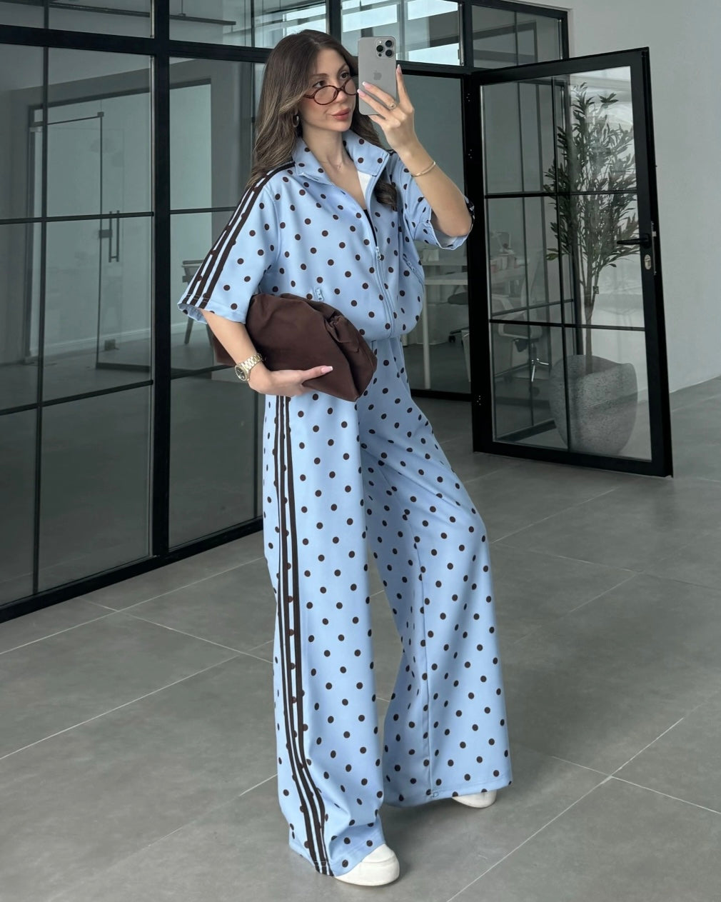Blue Polka Dot Two-Piece Set with Wide-Leg Pants | طقم بولكا دوت مع بنطلون واسع