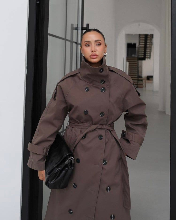 Brown Long Double-Breasted Trench Coat | ترانش كوت بني طويل وأنيق بأزرار مزدوجة