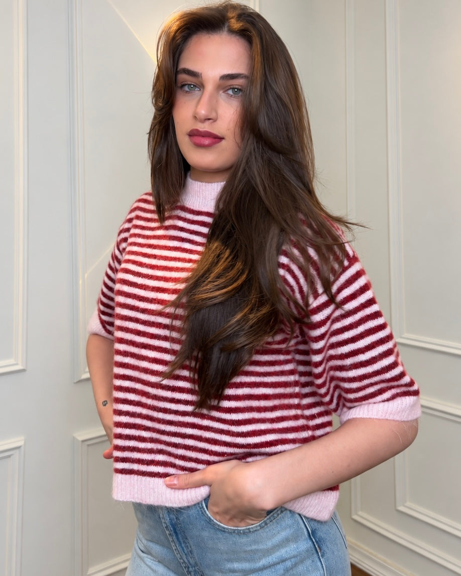 Burgundy & Blush Pink Striped Relaxed-Fit Mock Neck Knit Top | بلوزة مخططة خمري وزهري فاتح بقصة واسعة وياقة عالية
