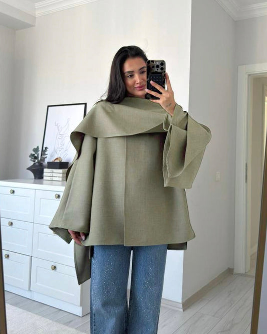 Sage Green Asymmetrical Cape Top | توب كيب غير متماثل باللون الاخضر الباهت