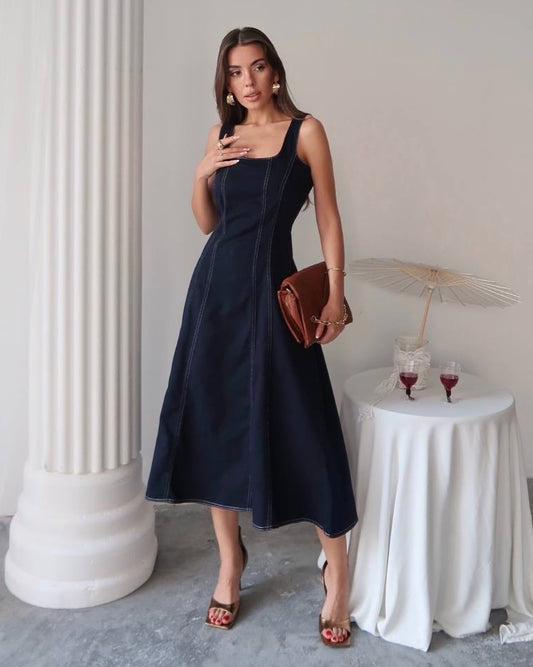 Dark Wash Denim Midi Dress with Square Neck and A-Line Silhouette | فستان جينز غامق ميدي وخصر محدد