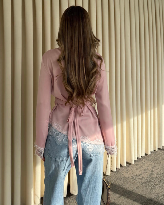 Elegant Pink Satin Blouse with Lace Trim | بلوزة ساتان زهر أنيقة بتفاصيل دانتيل