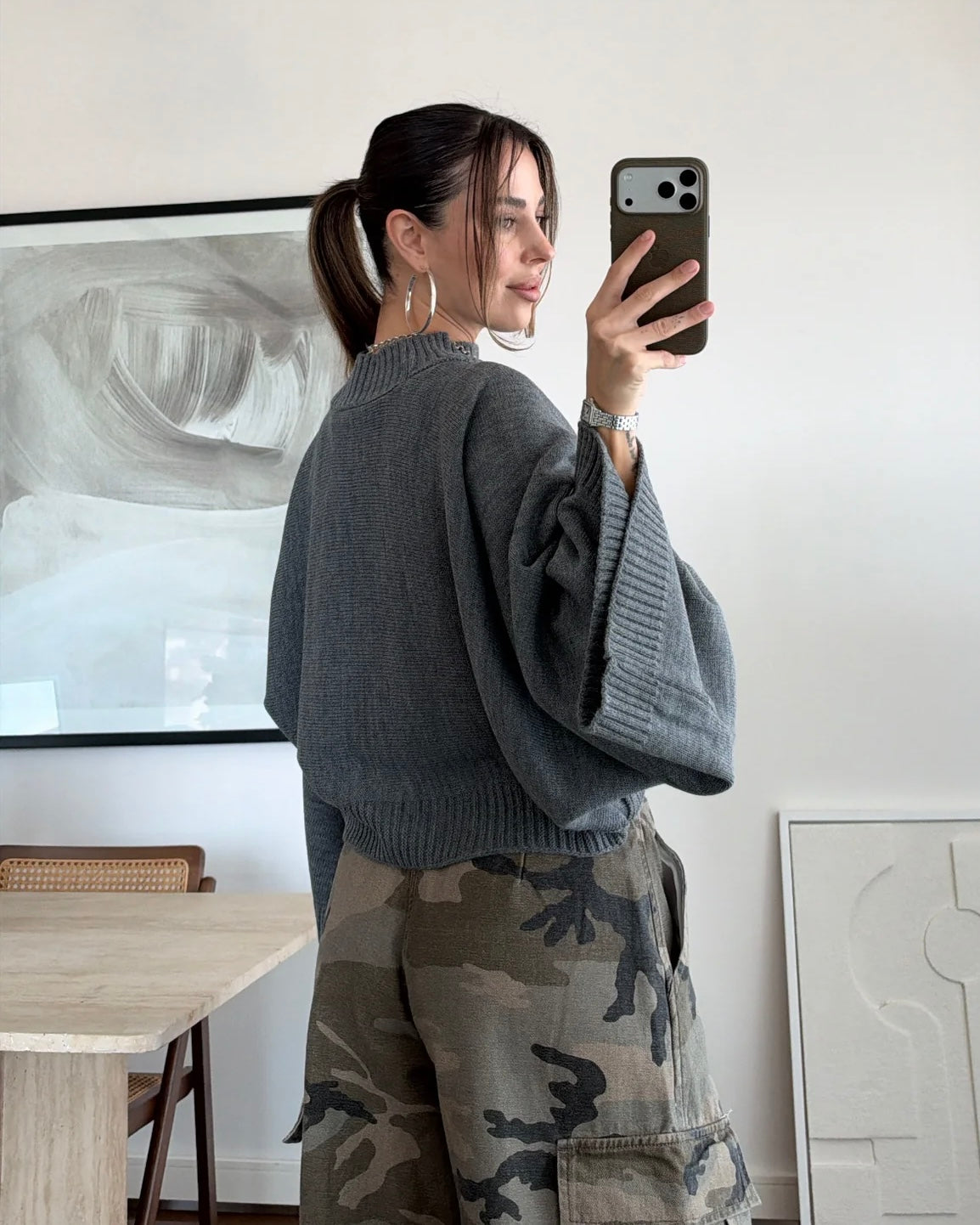 Grey Oversized Knit Mock Neck Sweater with Wide Sleeves | بلوزة رمادية بقصّة أوفرسايز وأكمام واسعة