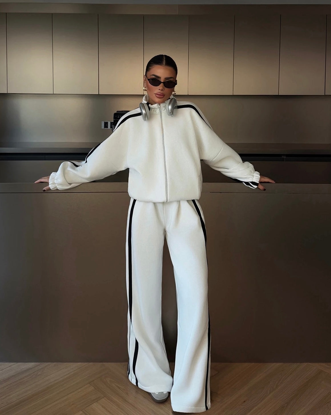 White Two-Piece Set with Black Stripes