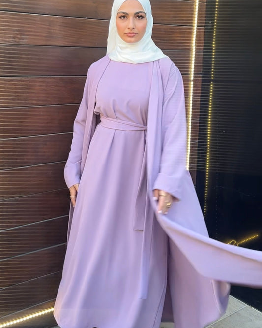 Elegant Lilac Abaya with Inner Dress | عباية أنيقة باللون الليلكي مع فستان داخلي
