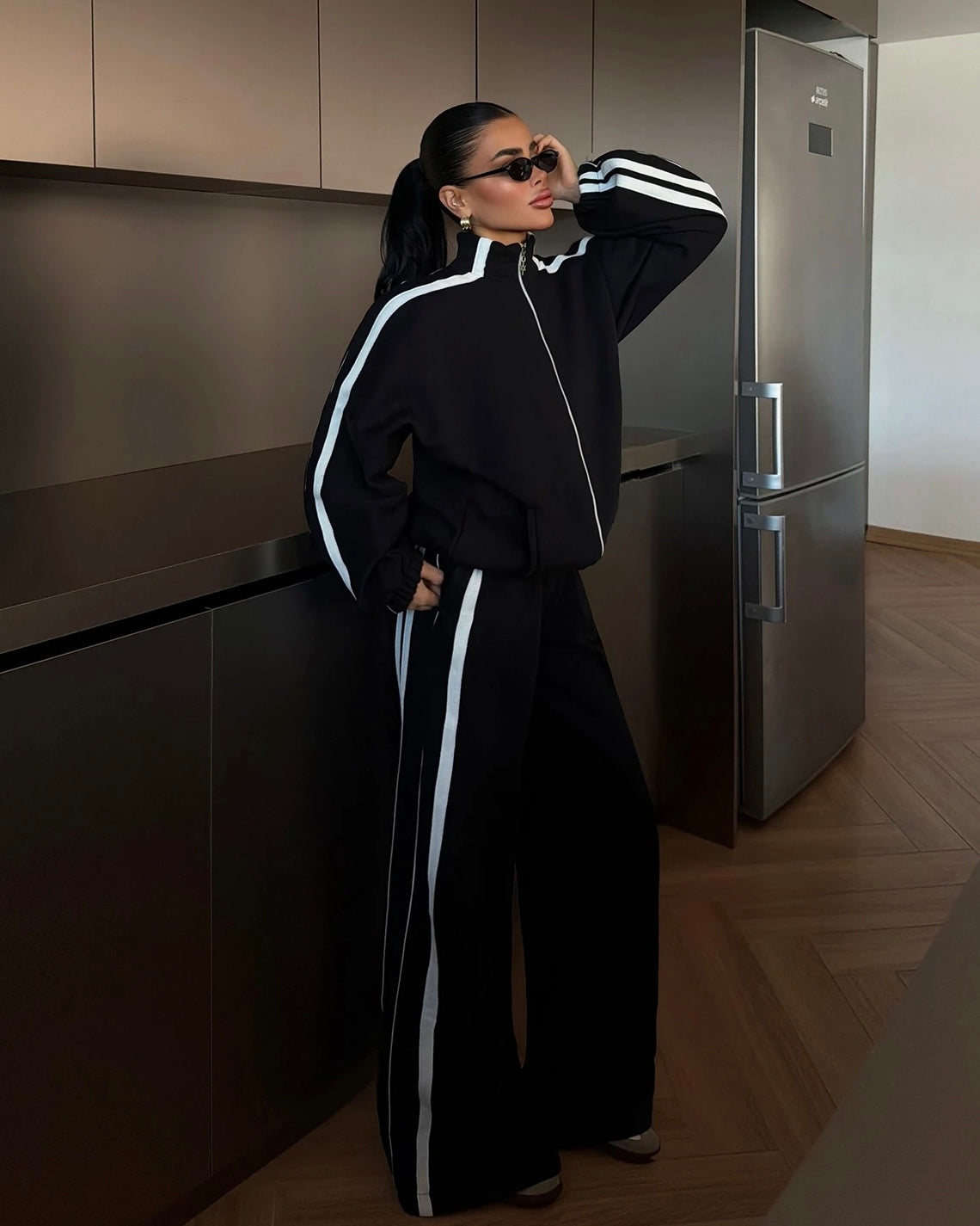 Black Two-Piece Set with white Stripes