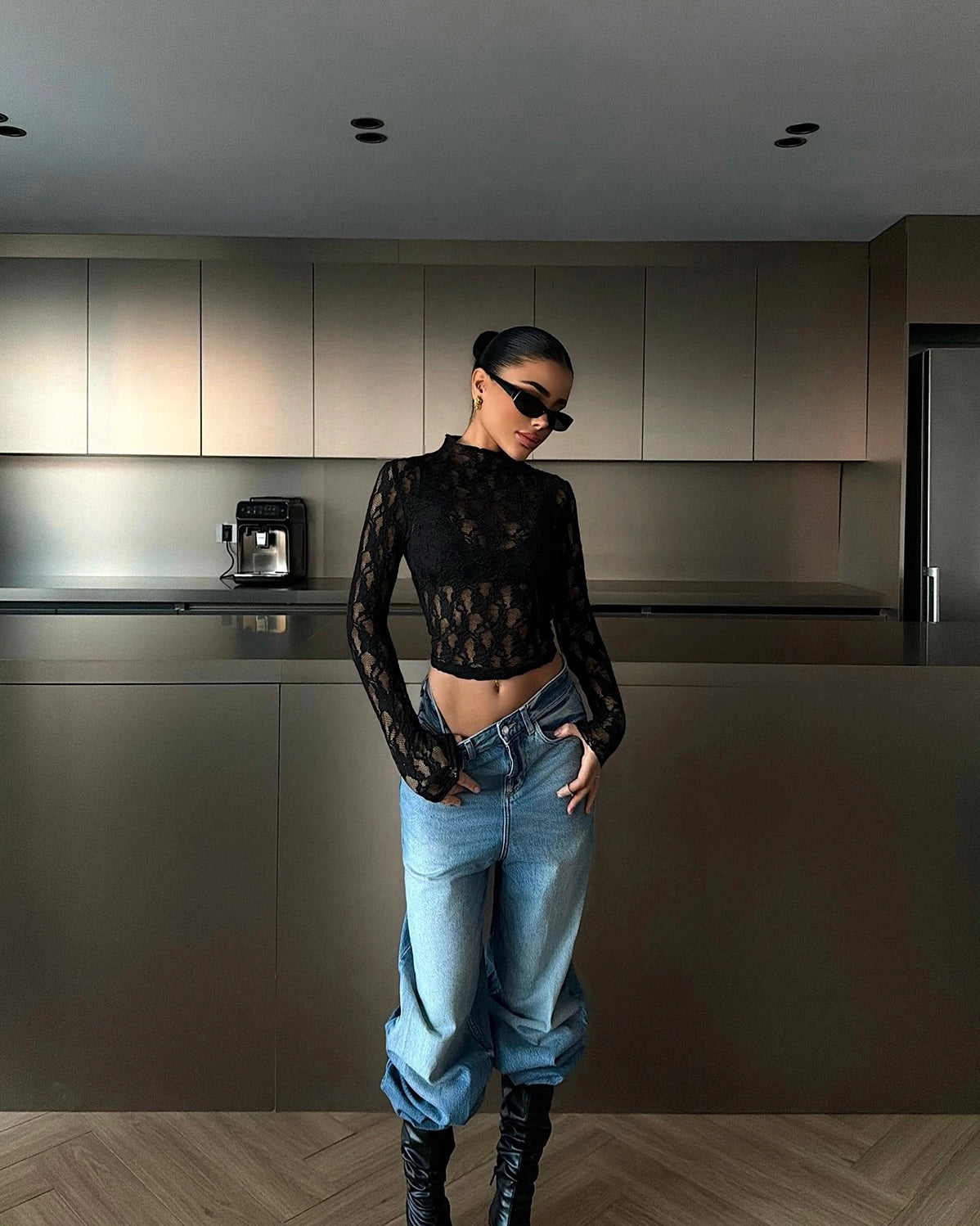 Black Lace Transparent Top | توب دانتيل شفاف باللون الاسود