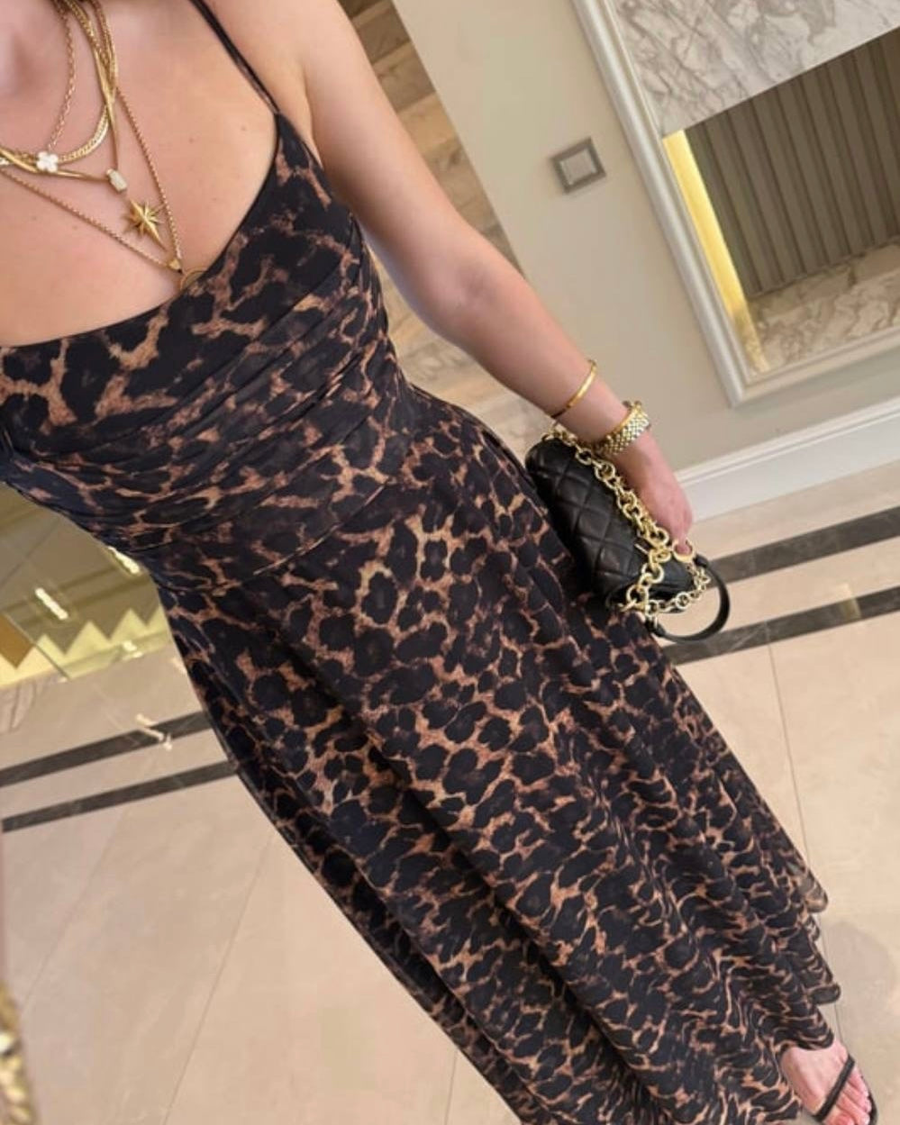 Elegant Leopard Print Mesh Maxi Dress | فستان ماكسي نسائي أنيق بنقشة ليوبارد