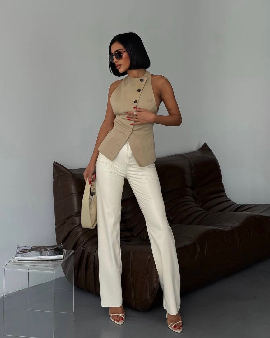 Cream Leather Pants | بنطلون جلد باللون الكريمي