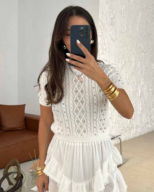 White Rhinestone Knit Top