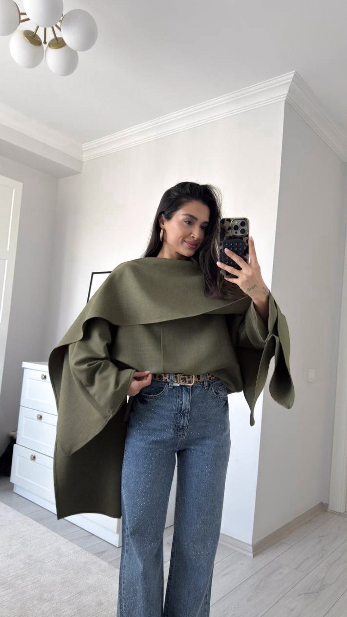 Sage Green Asymmetrical Cape Top | توب كيب غير متماثل باللون الاخضر الباهت