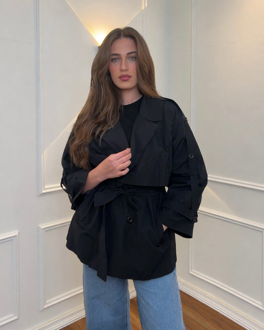Elegant Black Belted Trench Jacket with Wide Lapels | جاكيت ترنش اسود أنيق بحزام وياقة عريضة