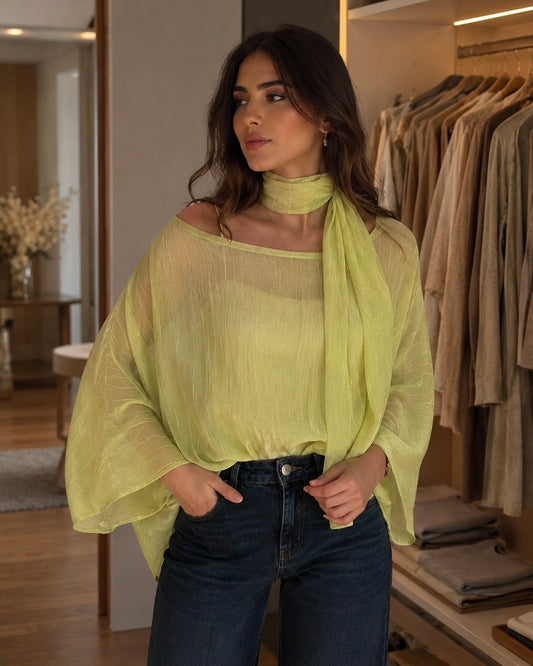 Lime Green Sheer Poncho Blouse with Scarf Detail | بلوزة شيفون ليمونية بقصة واسعة مع شال