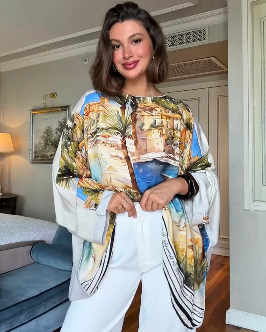 Printed Oversized Tunic Top | بلوزة واسعة بنقشة بحر ومناظر طبيعية