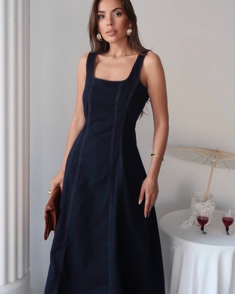 Dark Wash Denim Midi Dress with Square Neck and A-Line Silhouette | فستان جينز غامق ميدي وخصر محدد